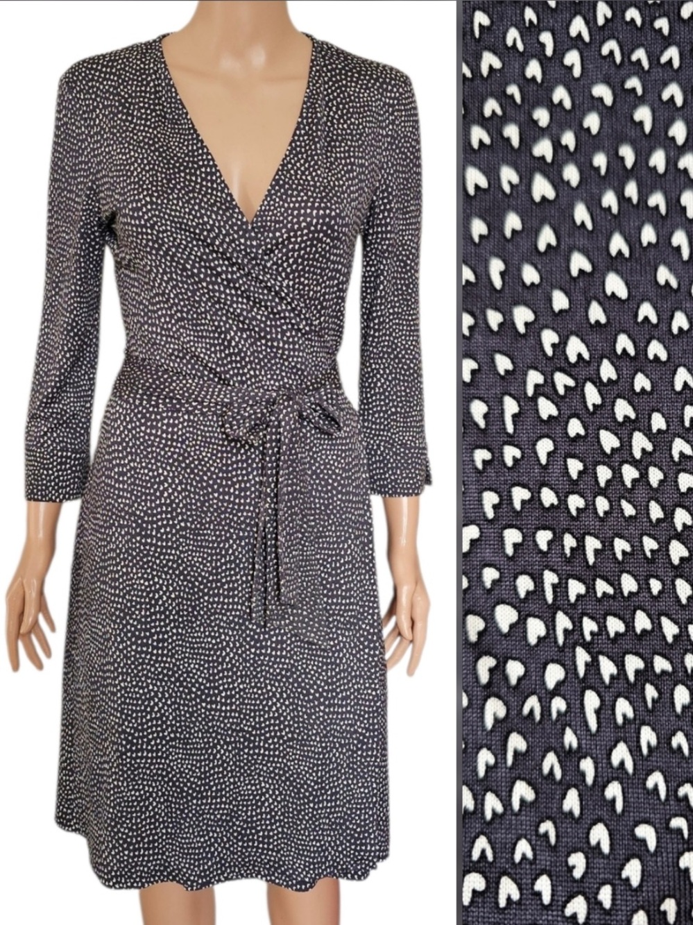 Diane Von Furstenberg Navy with White Dot Heart-Pattern Wrap Dress